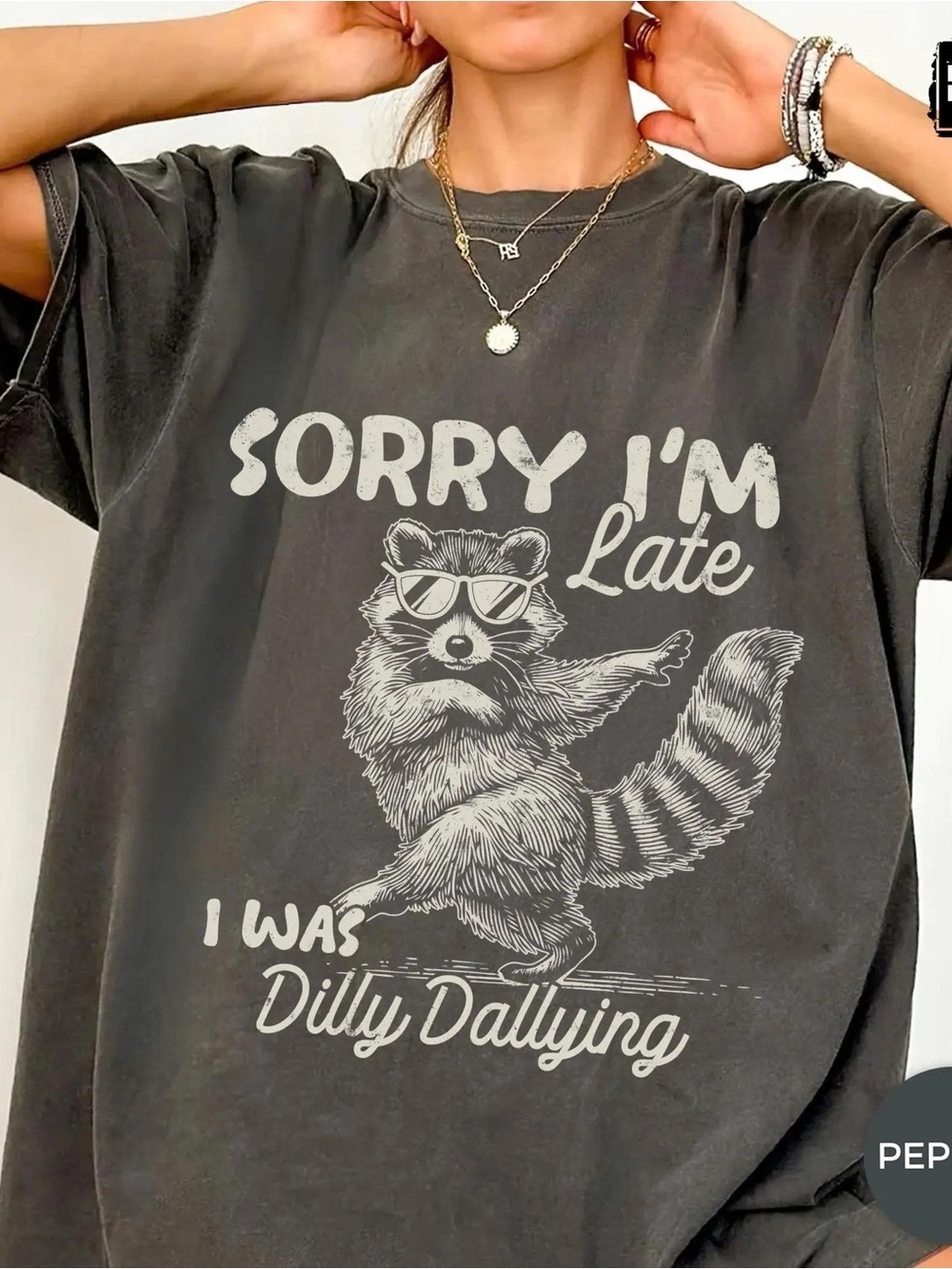 Sorry I'm Late Raccoon Graphic Tee - Pepper